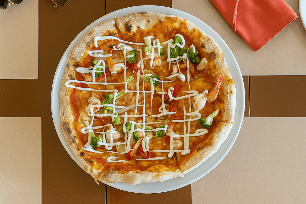 A savory seafood pizza topped with shrimp and squid, baked to golden perfection with melted cheese and herbs